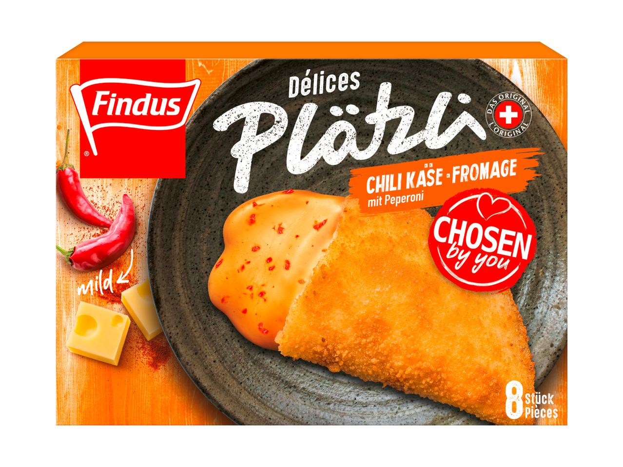 Findus Plätzli: 8 morceaux de fromage et piment, sauce chili douce.