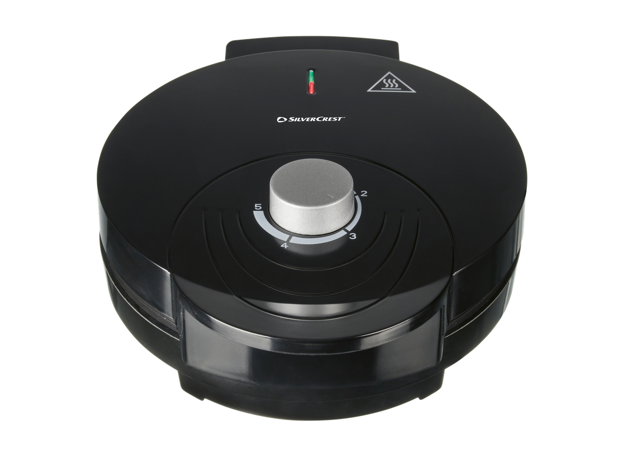 A black SilverCrest mini waffle maker with a silver control knob.