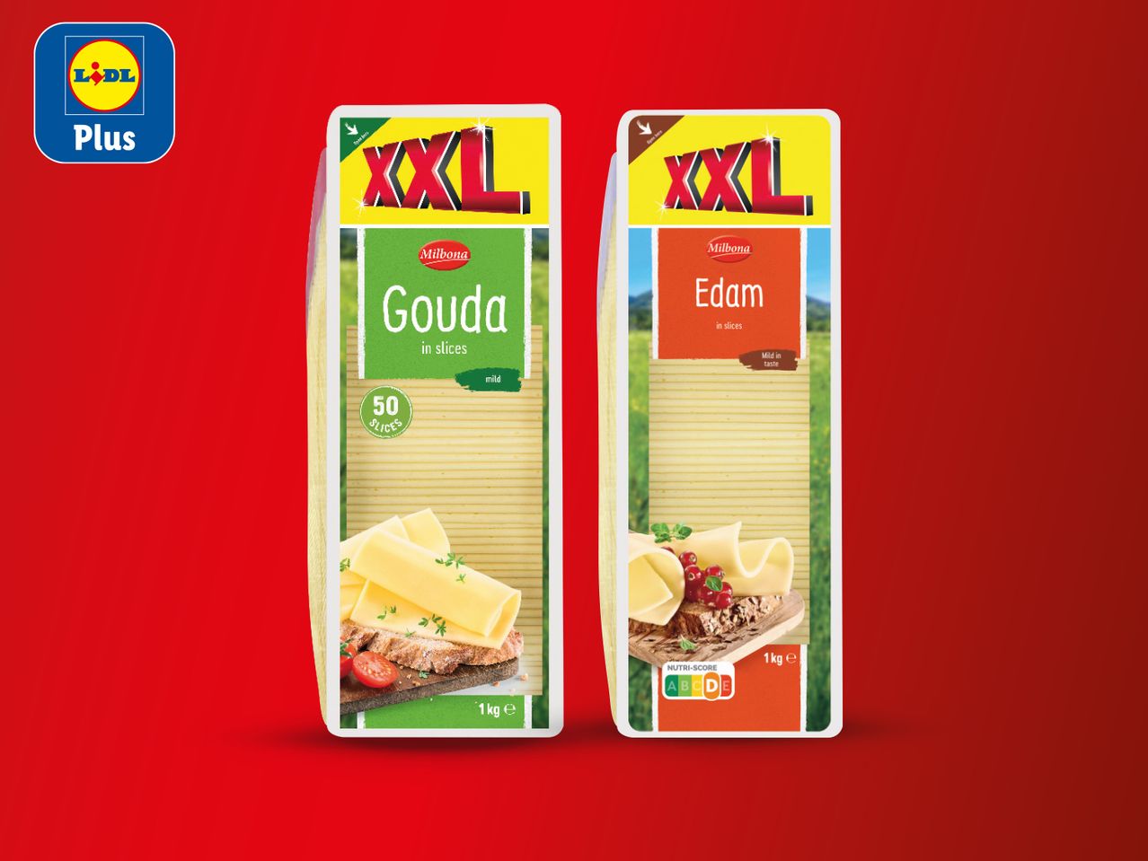 Pakiranja Milbona Gouda i Edam sira u listićima, XXL veličine, na crvenoj pozadini.