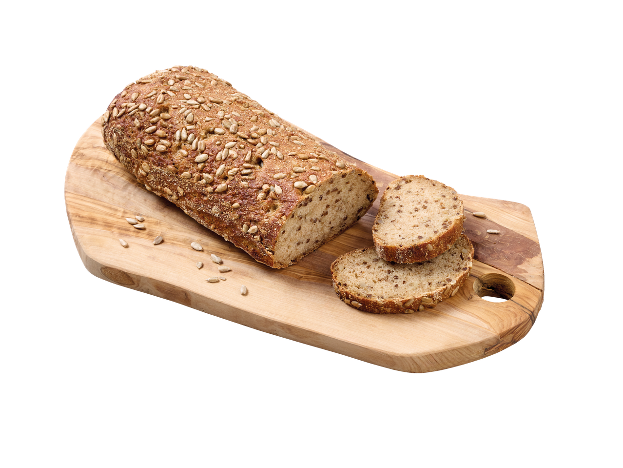 Päevalilleseemnetega leib puust laual, viilutatud.