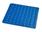 Blue square bath mat with wavy texture and small white drainage holes.