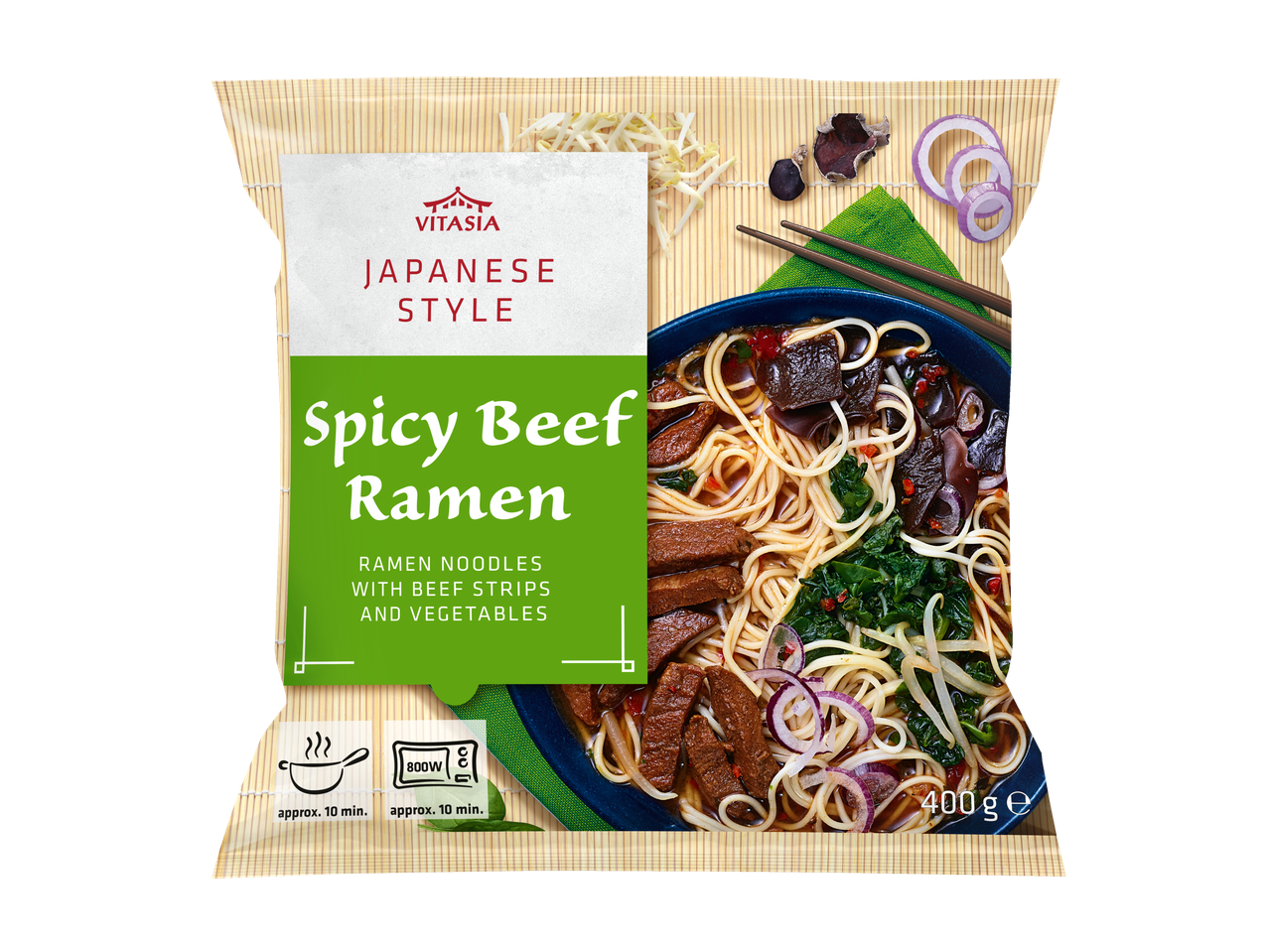 Ramen cu carne de vită picantă VitAsia: tăiței ramen japonezi cu fâșii de vită și legume.