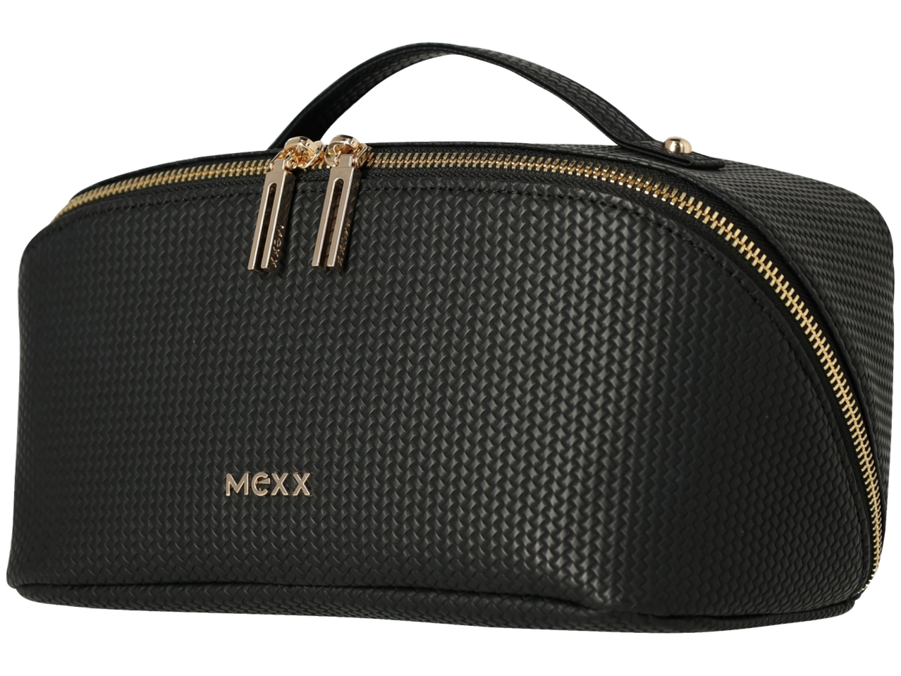 Juoda MEXX kosmetinė su pintos tekstūros paviršiumi ir auksiniais užtrauktukais.