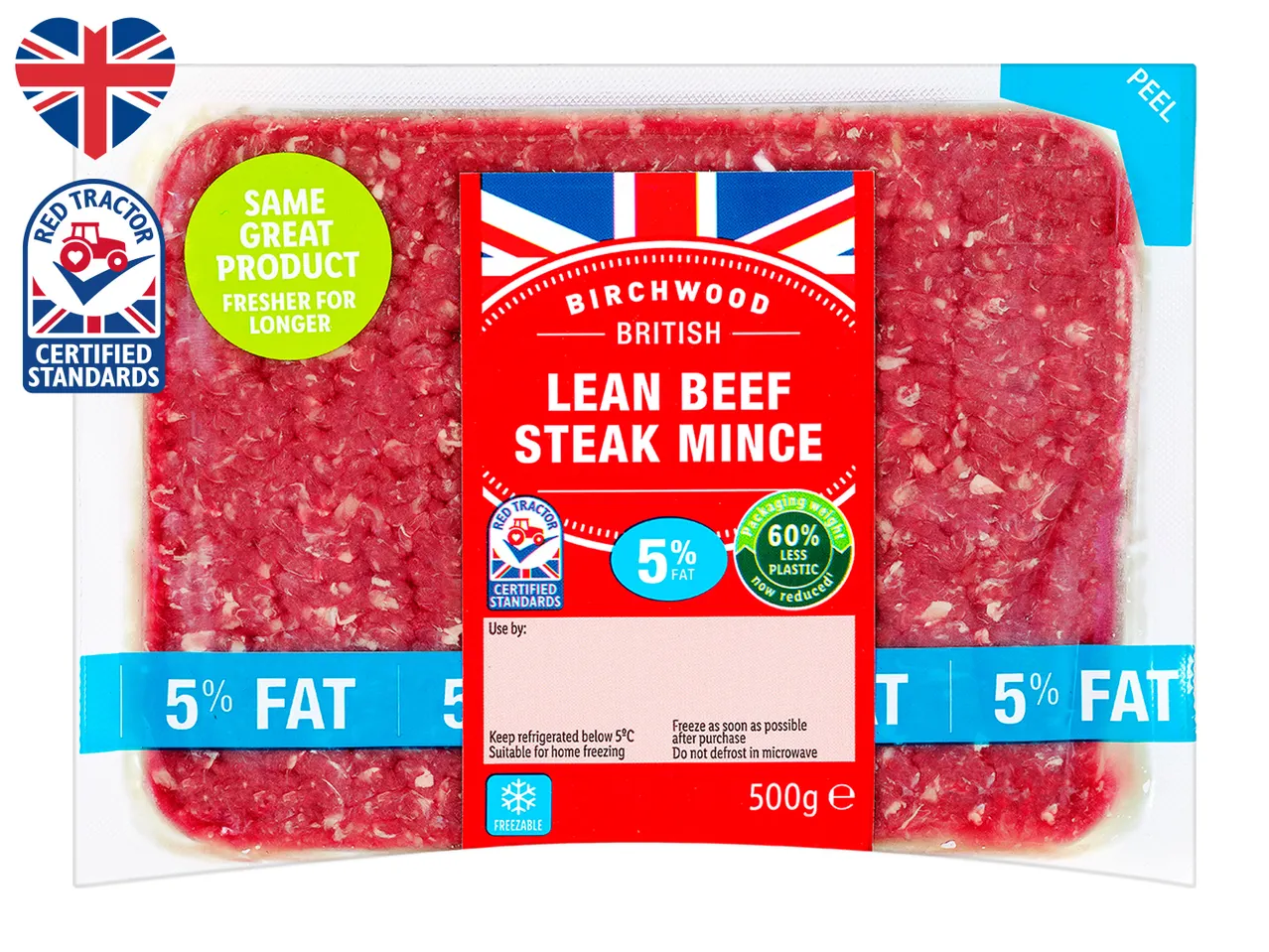 Birchwood lean beef mince, 5% fat, Red Tractor certified.