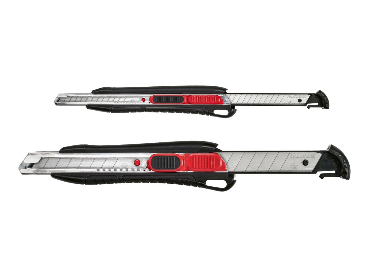 Two utility knives with black and red handles, featuring segmented blades.