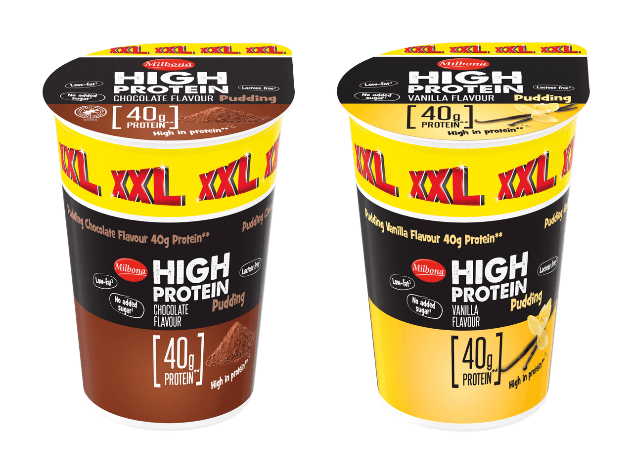 Zwei XXL High Protein Puddings in Schokolade und Vanille, fettarm und ohne Zuckerzusatz.