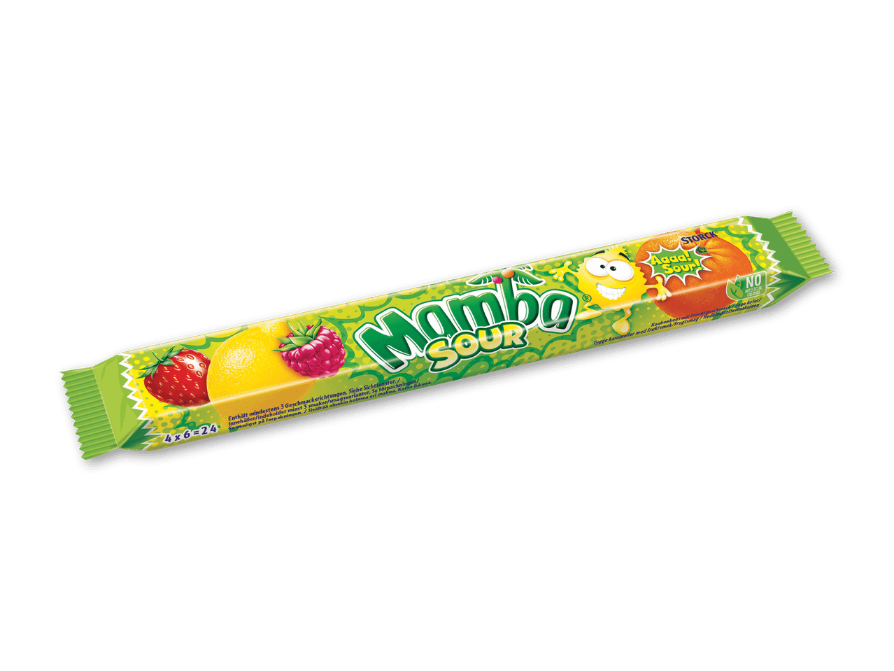 Grøn pakke med sure frugtkarameller med jordbær, citron, hindbær og appelsin.