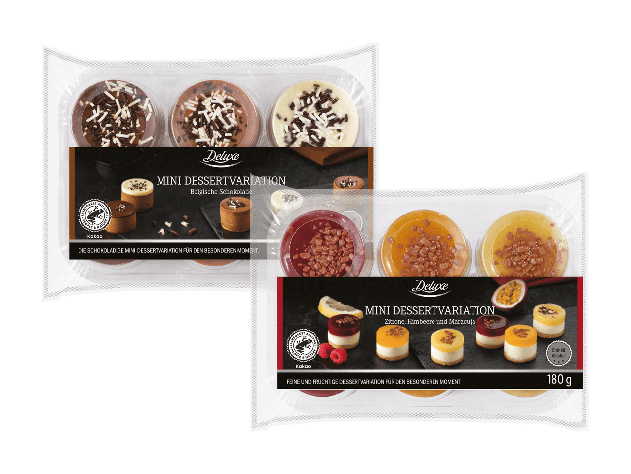 Zwei Packungen Mini-Dessertvariationen: Schokolade und Zitrone, Himbeere, Maracuja.
