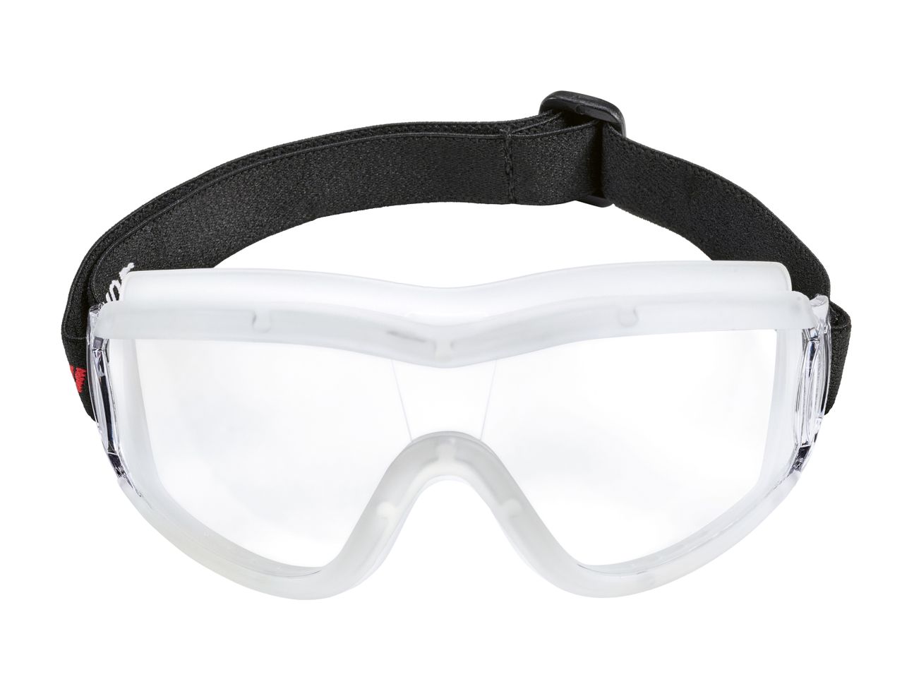 Occhiali di sicurezza trasparenti con fascia elastica nera.