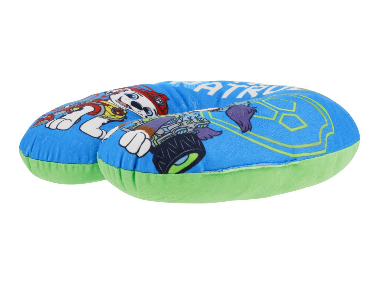 Blue U-shaped neck pillow with cartoon dog and monster truck designs, green base.