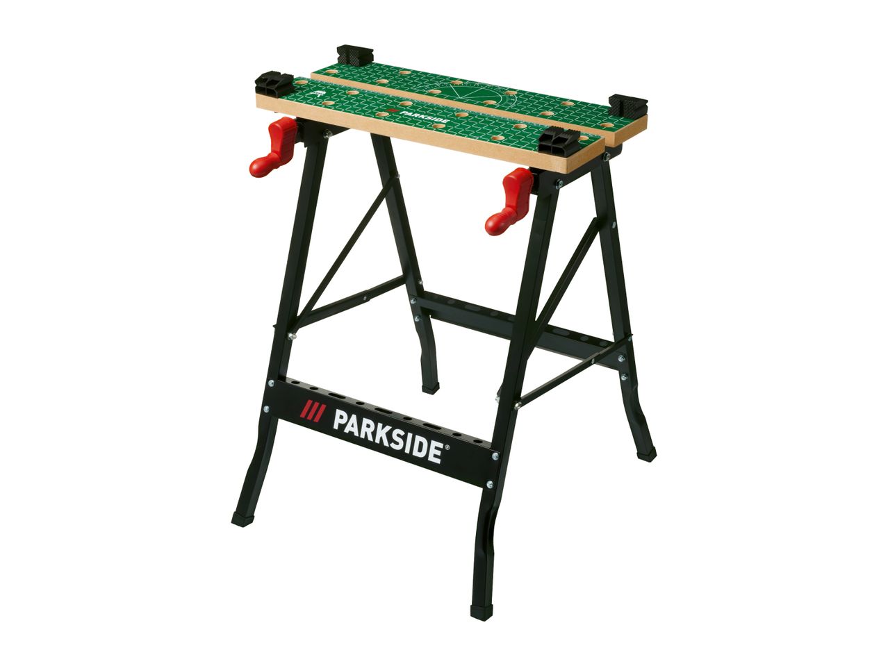 Portable workbench with a green patterned surface and red handles.