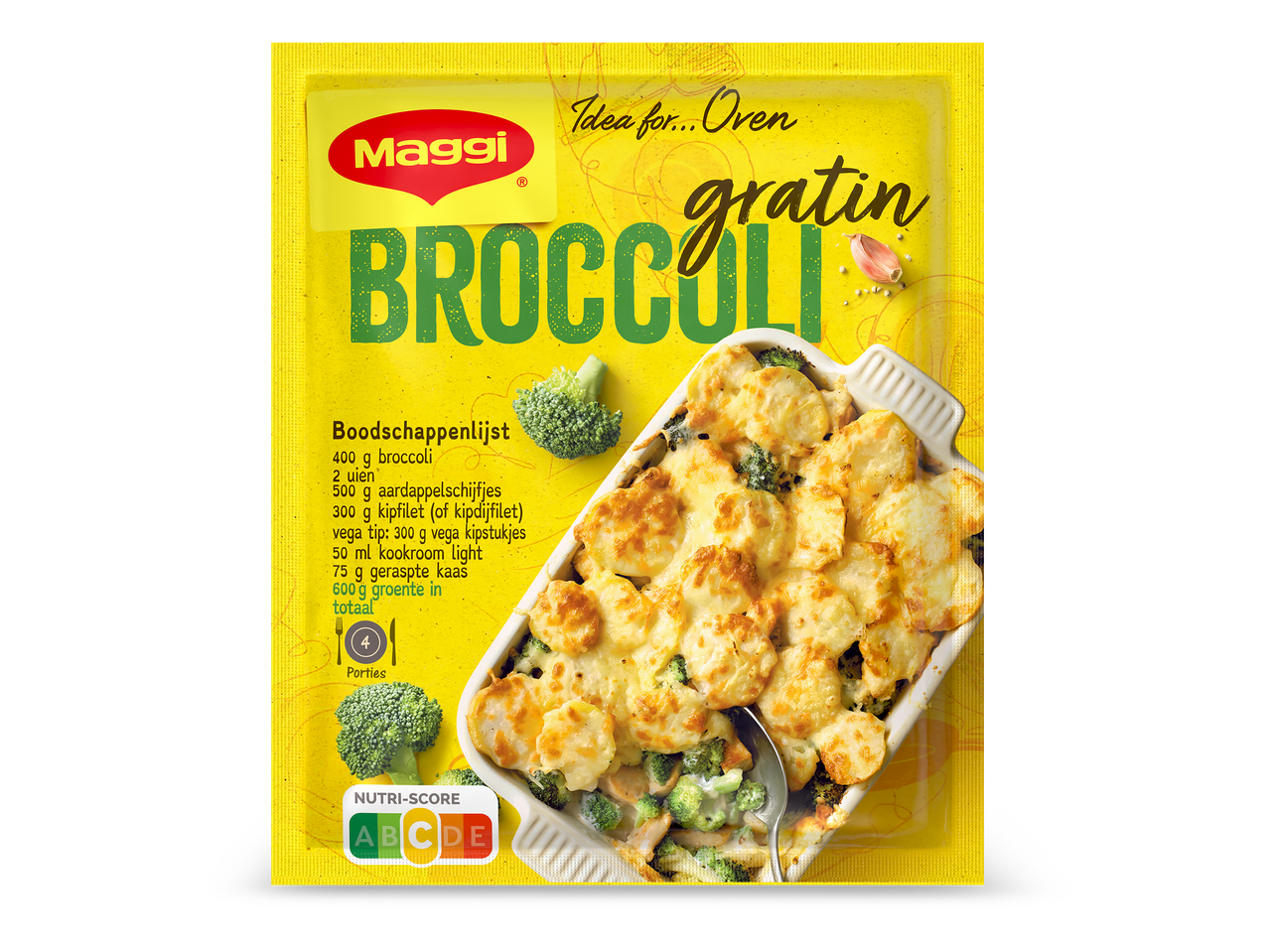 Verpakking voor broccoli gratin met boodschappenlijst en een afbeelding van het ovengerecht.