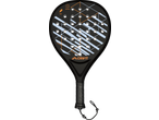 Zwart padelracket met lichtblauwe en oranje geometrische patronen, met 'Licht' en 'Bestendig' iconen.