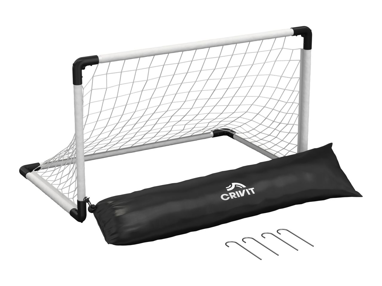 Crivit soccer goal, carrying bag, and stakes.