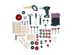 A collection of toy tools and building blocks, including a saw, drill, hammer, wrench, and various fasteners.