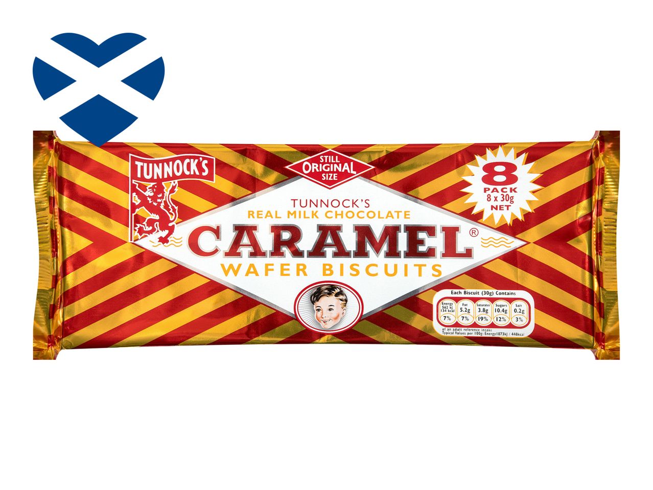 Tunnock's caramel wafer biscuits, 8 pack.