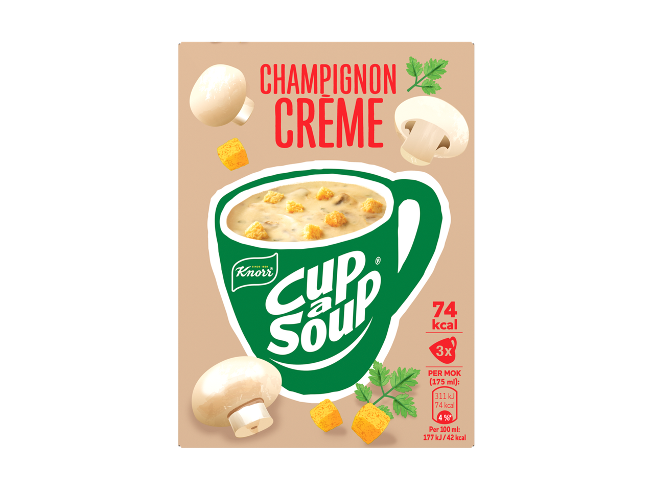 Verpakking voor champignoncrèmesoep met een kopje soep, champignons en croutons.
