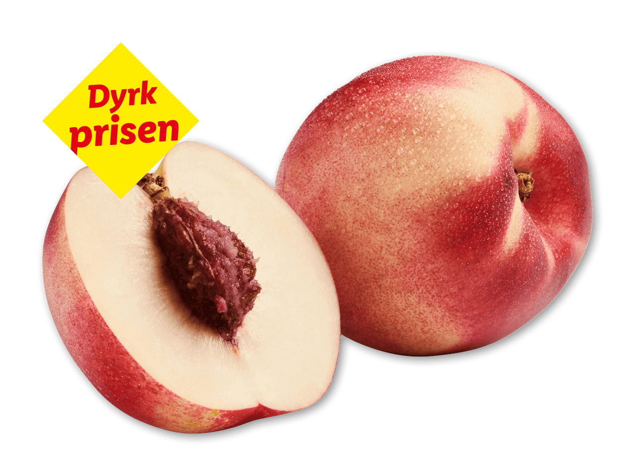 Nektariner med et gult skilt, der siger 'Dyrk prisen'.