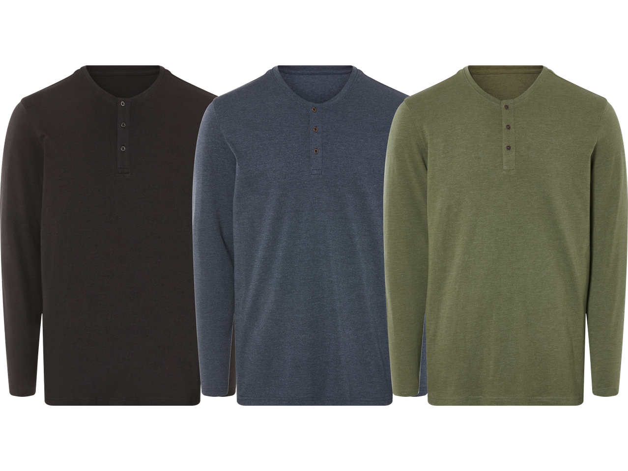 Tre långärmade henleys i olika färger: svart, marinblå och olivgrön.