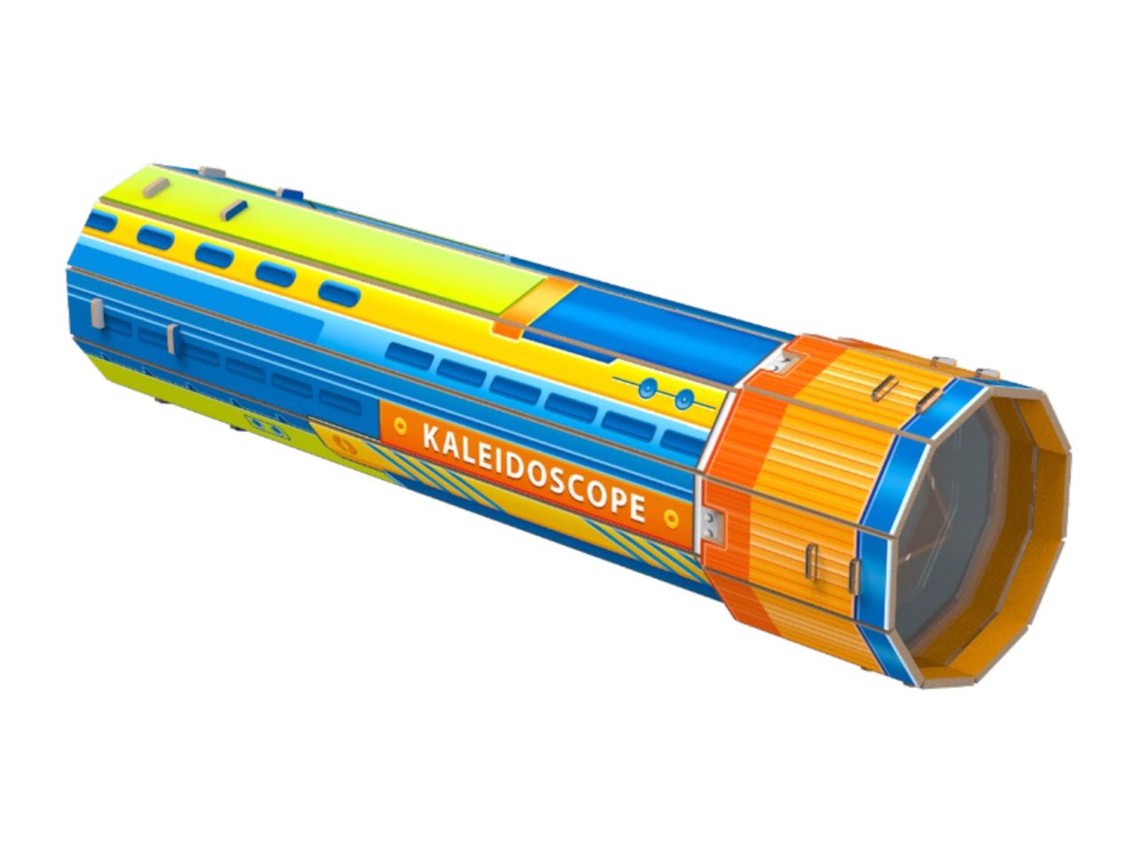 Colorful kaleidoscope toy with 'KALEIDOSCOPE' written on its side.