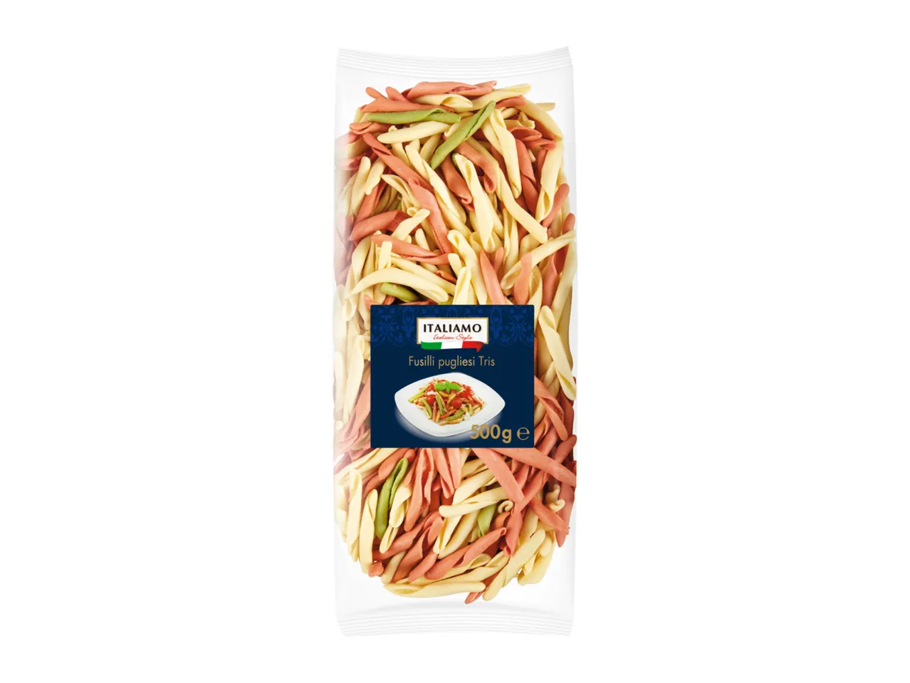 Clear plastic bag of tri-color fusilli pugliesi pasta with a label showing a pasta dish.