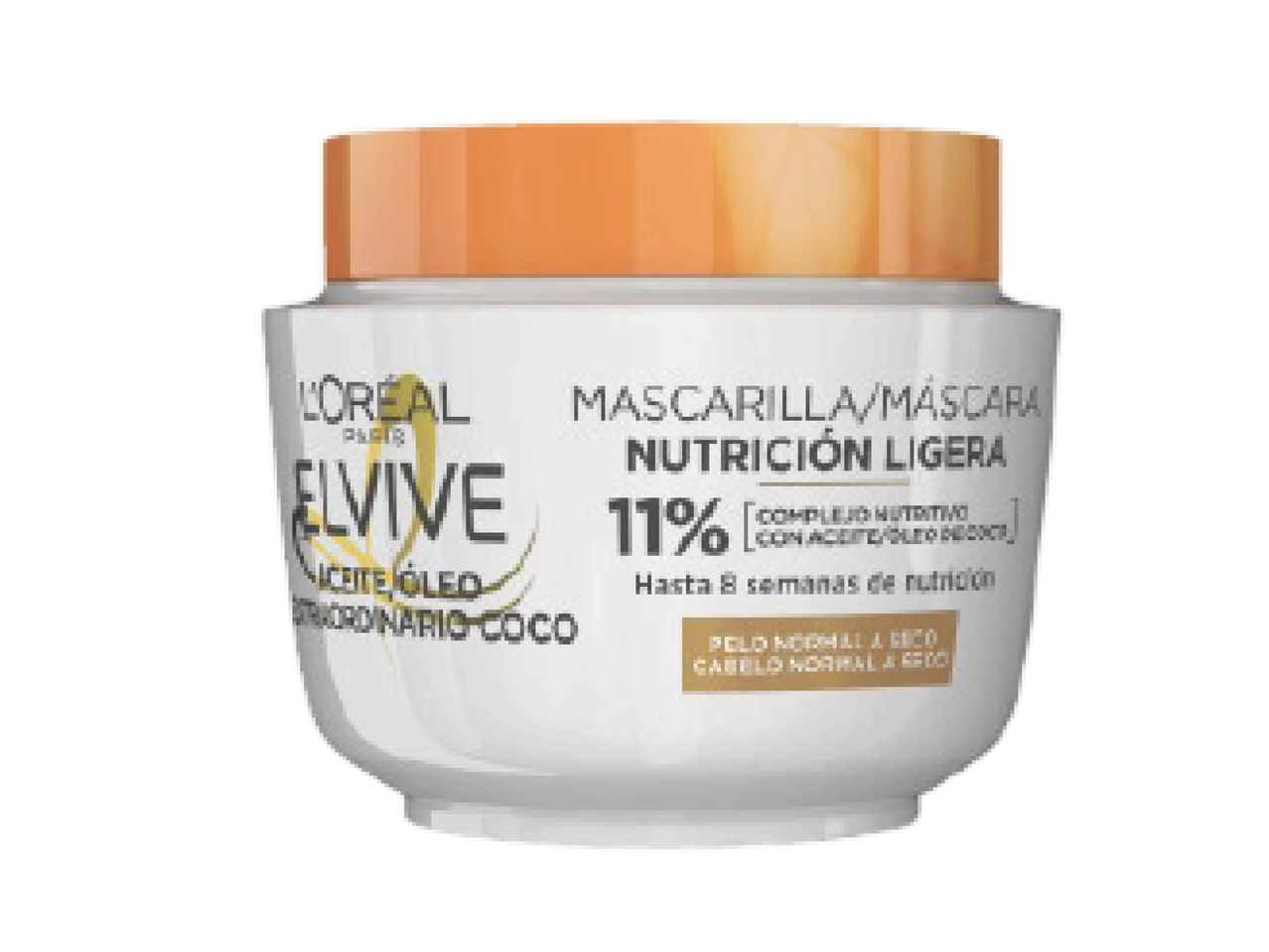 Máscara capilar de nutrição leve com óleo de coco para cabelo normal a seco.