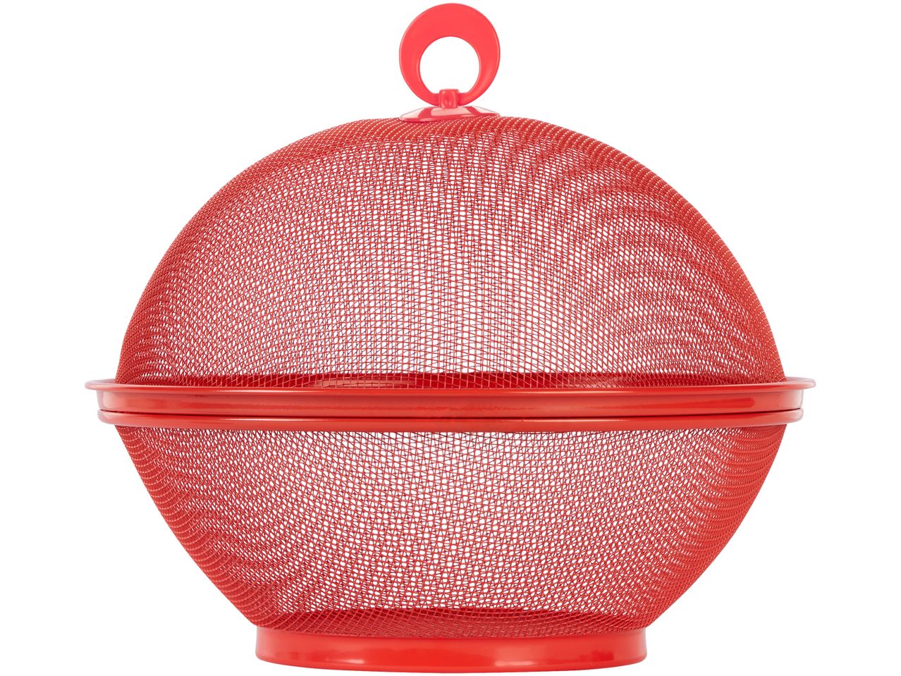 Red metal fruit bowl with a lid.