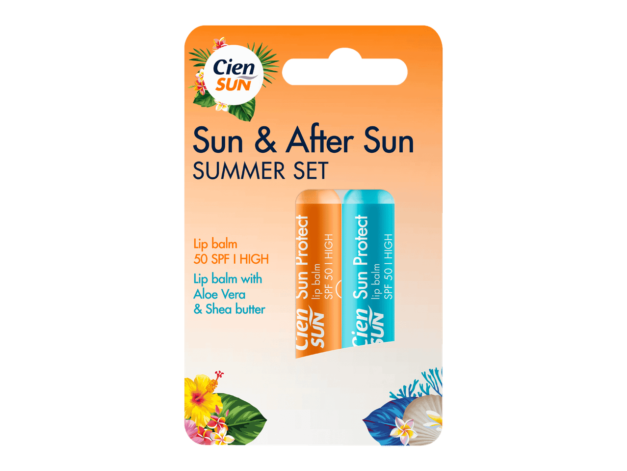 Aurinko- ja after sun -huulivoidepakkaus, jossa on 50 SPF:n huulivoide ja aloe veraa ja sheavoita sisältävä huulivoide.