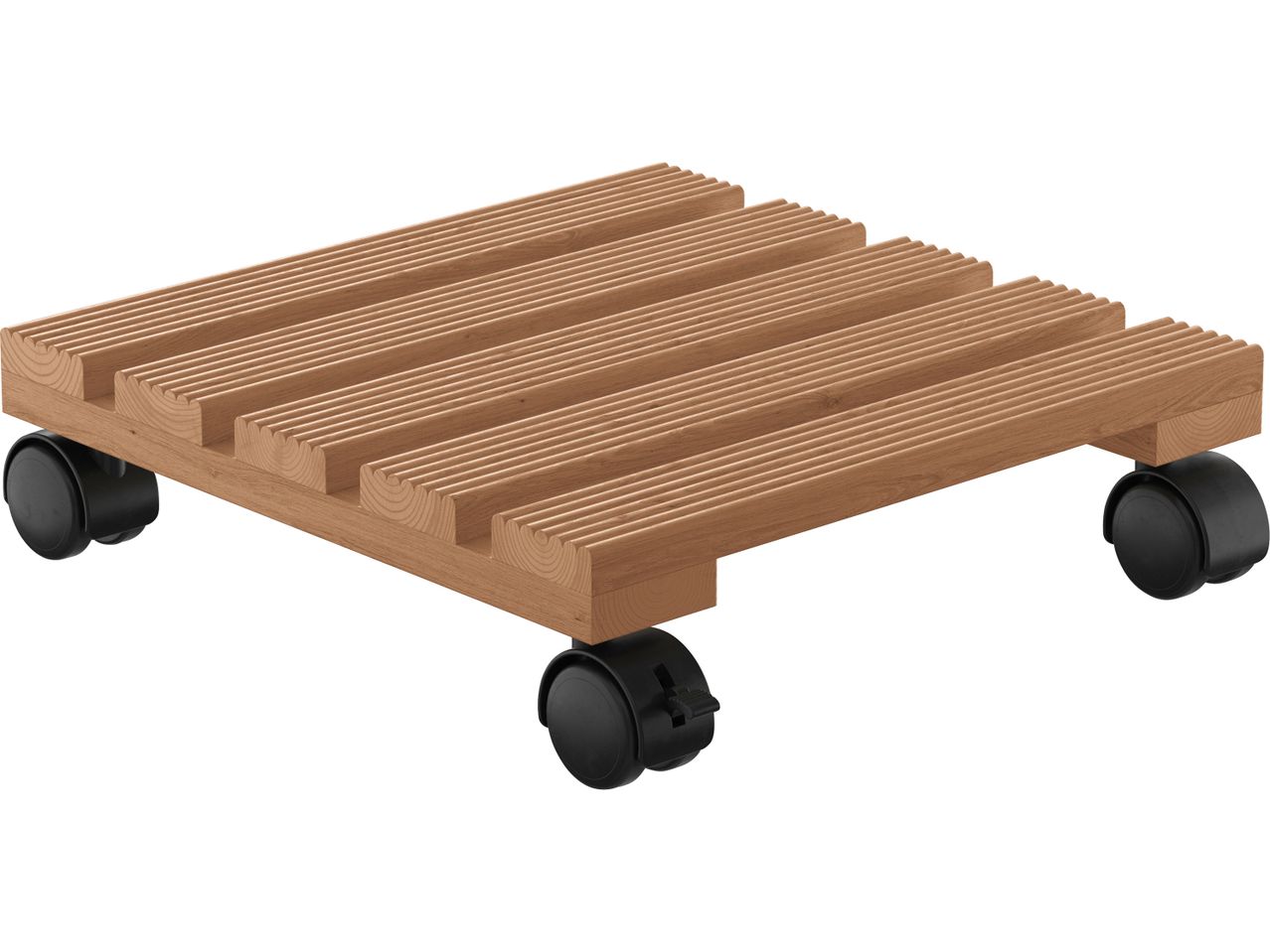Carrello in legno con rotelle nere per piante o altri oggetti.