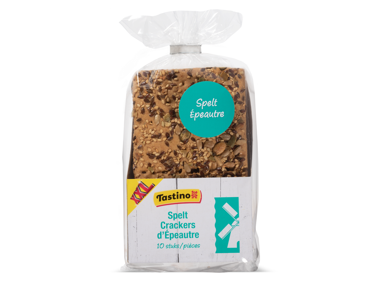 Verpakking met speltcrackers, bestrooid met zaden en pitten, met de tekst 'Spelt Épeautre'.