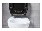 White toilet with a black seat and lid against a gray tiled wall