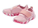 Ein Paar rosafarbene Kinderschuhe mit Camouflage-Muster an der Sohle.