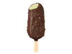 Gelado de pistácio com cobertura de chocolate e pedaços, com uma dentada.