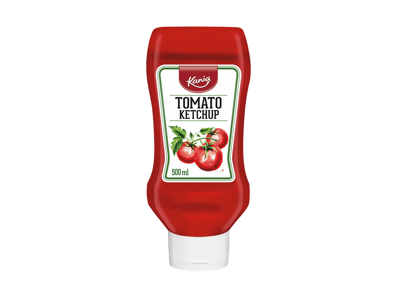 Rote Ketchupflasche mit weißem Etikett, auf dem 'TOMATO KETCHUP' und drei Tomaten abgebildet sind.