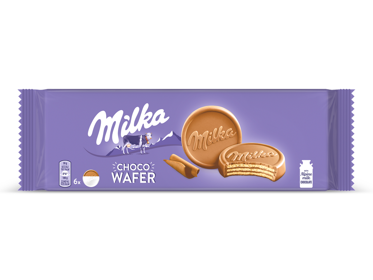 Paarse verpakking met chocoladewafels, waarvan één is opengesneden, en een koe.