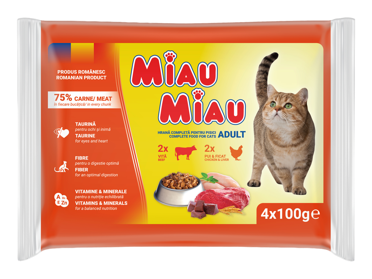 Pachet de hrană completă pentru pisici adulte, cu 75% carne, taurină, fibre, vitamine și minerale.