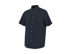 Dark blue short-sleeved button-down shirt with a collar and a chest pocket.