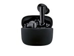 Black wireless earbuds in an open charging case on a black background.