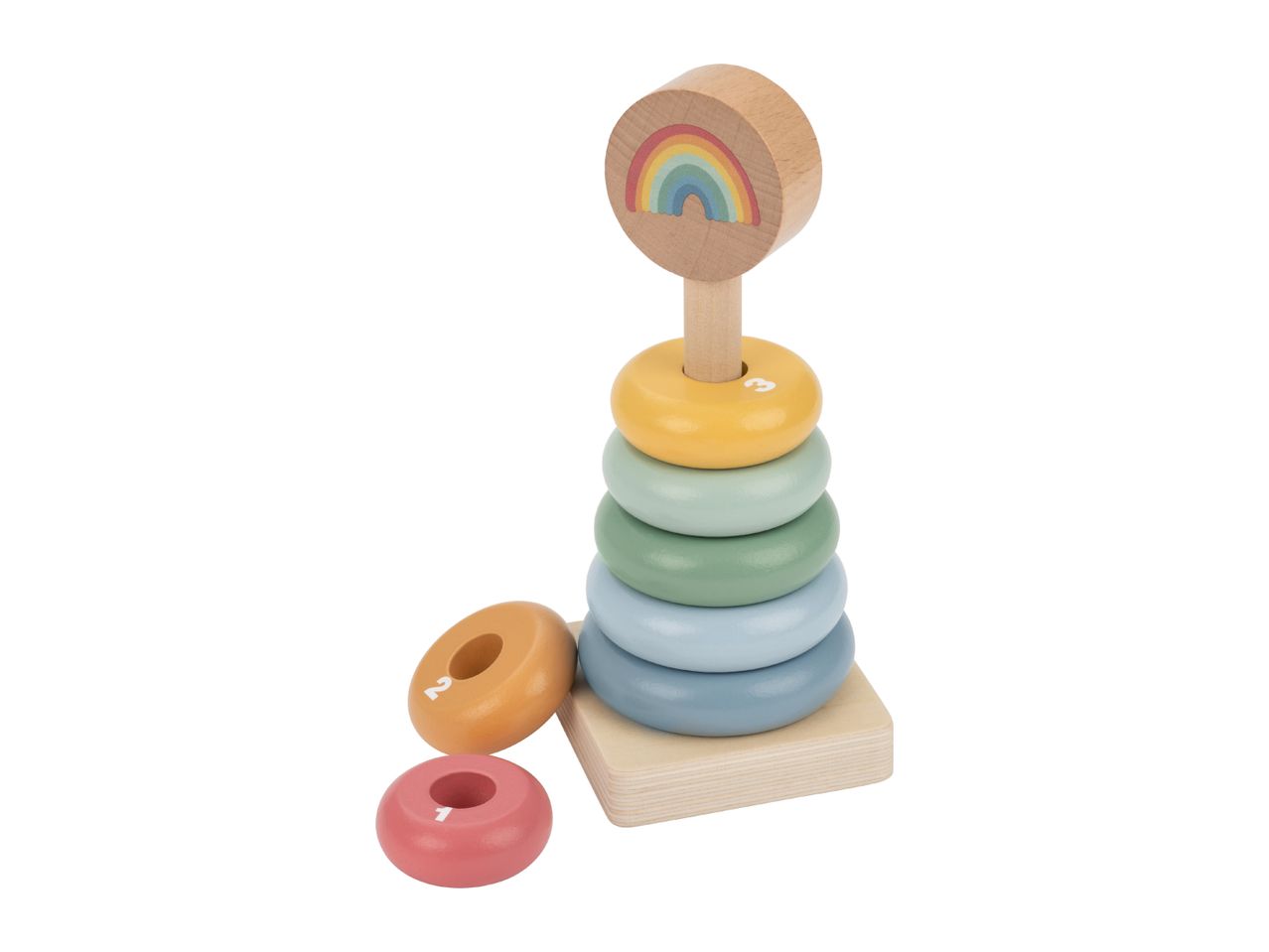 Wooden stacking toy with colorful rings, numbers, and a rainbow top.