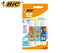 Three BIC Glue Sticks with colorful animal designs, solvent-free and washable.
