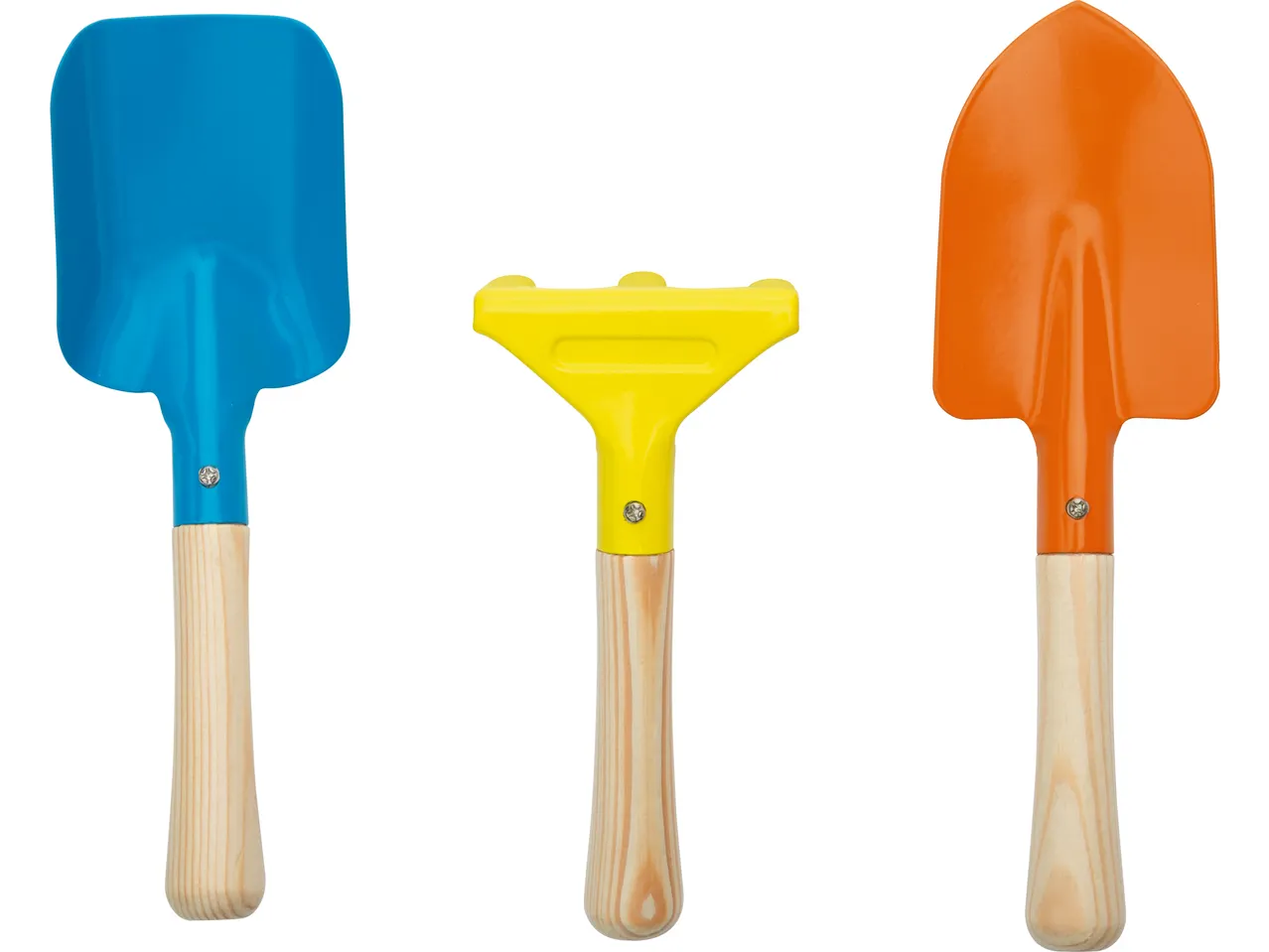Lupilu® Kids' Garden Hand Tools: blue shovel, yellow rake, and orange spade.