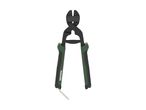 A pair of black and green bolt cutters with a spring mechanism.