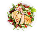 Grilled chicken breast slices served over a fresh salad with mixed greens, cucumber, red onion, and bell pepper.