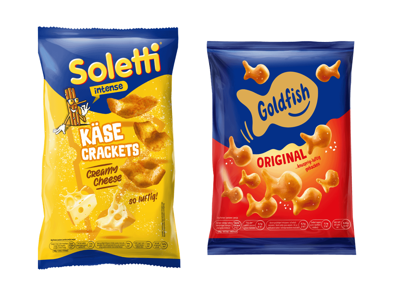 Zwei Packungen Käse-Cracker: eine mit 'Käse Crackers Creamy Cheese' und eine mit 'Goldfish Original'.