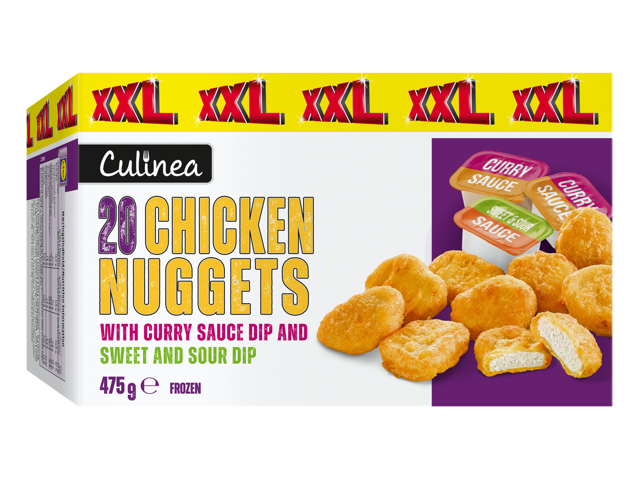 Culinea XXL frozen chicken nuggets with curry and sweet & sour sauce dips.