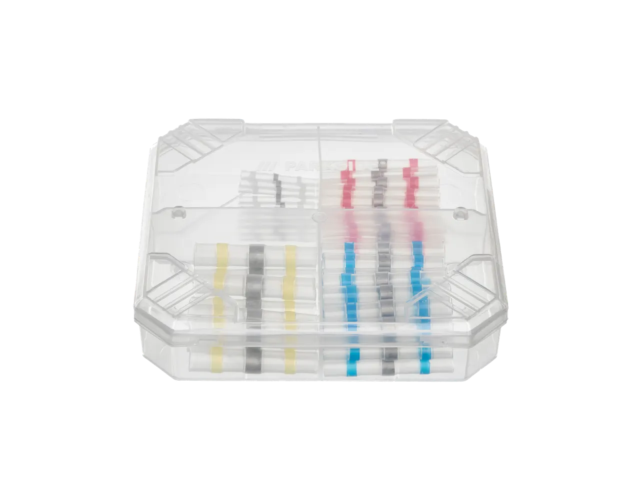 A clear plastic case contains Parks heat shrink butt connectors in various colors.