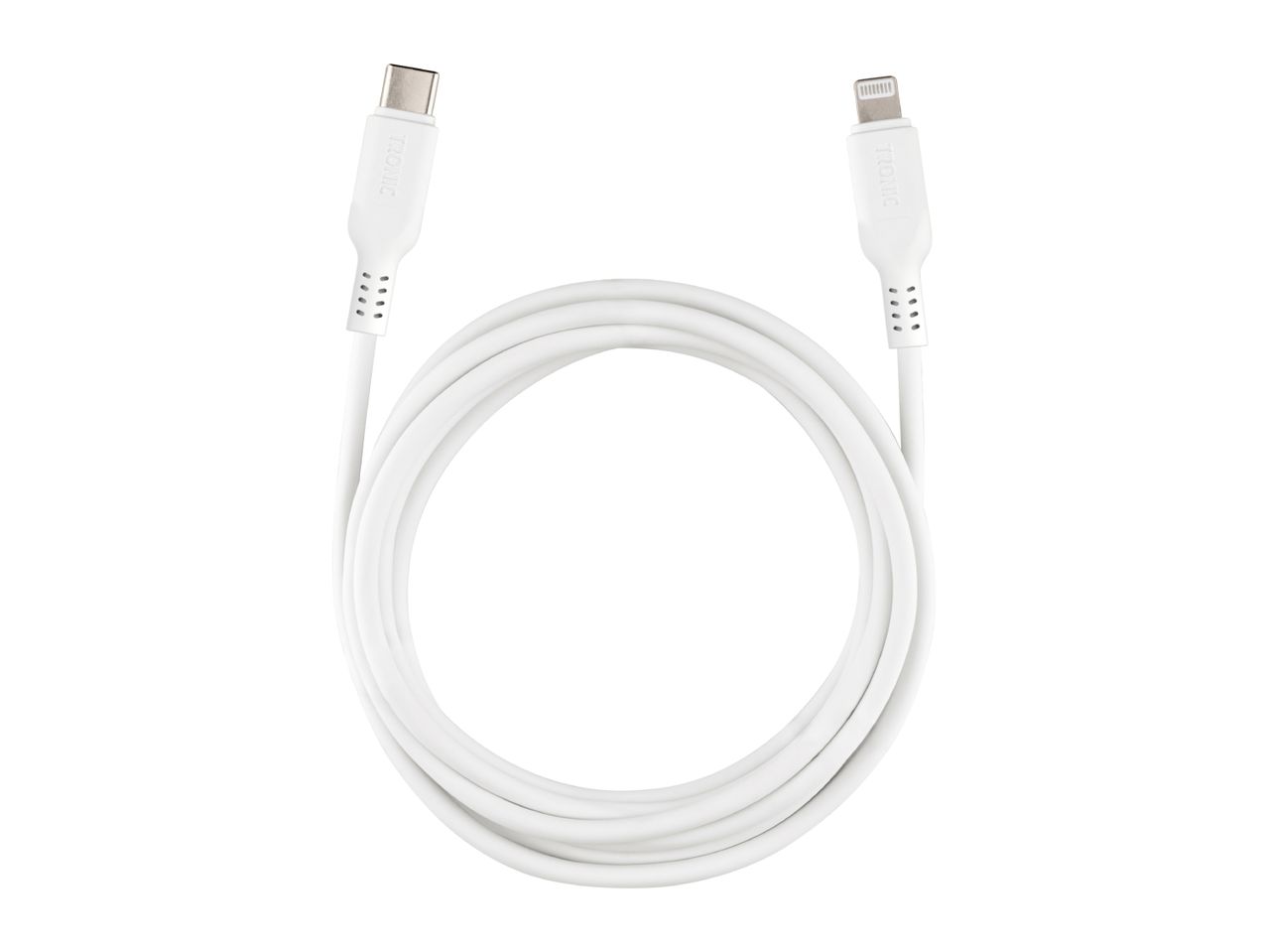 White USB-C to Lightning charging cable, coiled in a circle.