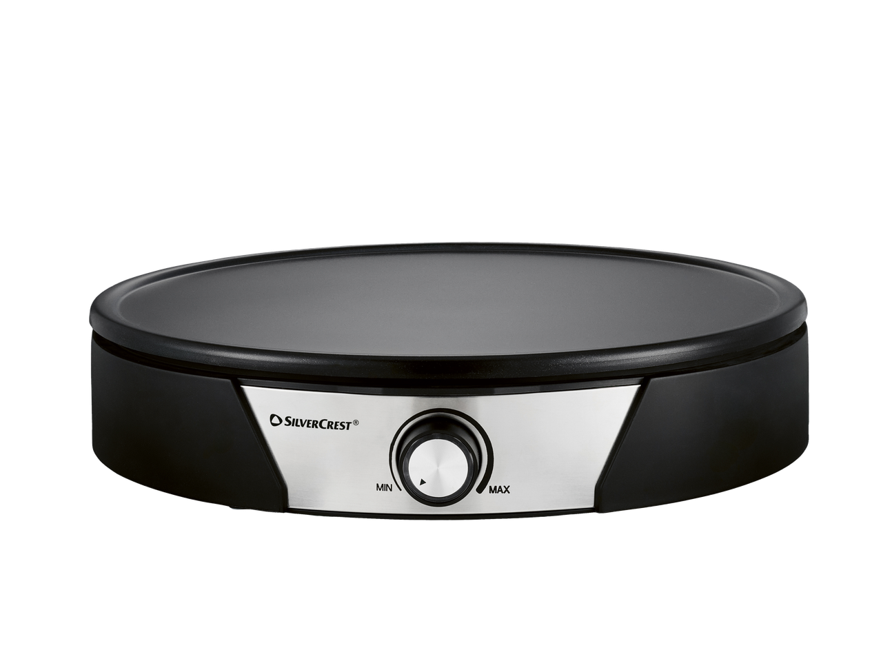 Silvercrest® aparat za palačinke sa okruglom crnom pločom i kontrolom temperature.