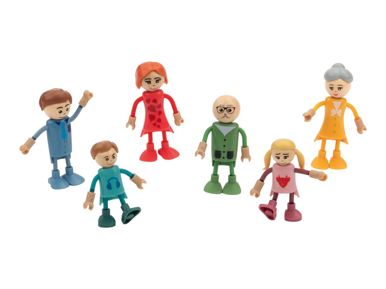 Six wooden toy figures representing a family, including children, parents, and grandparents.