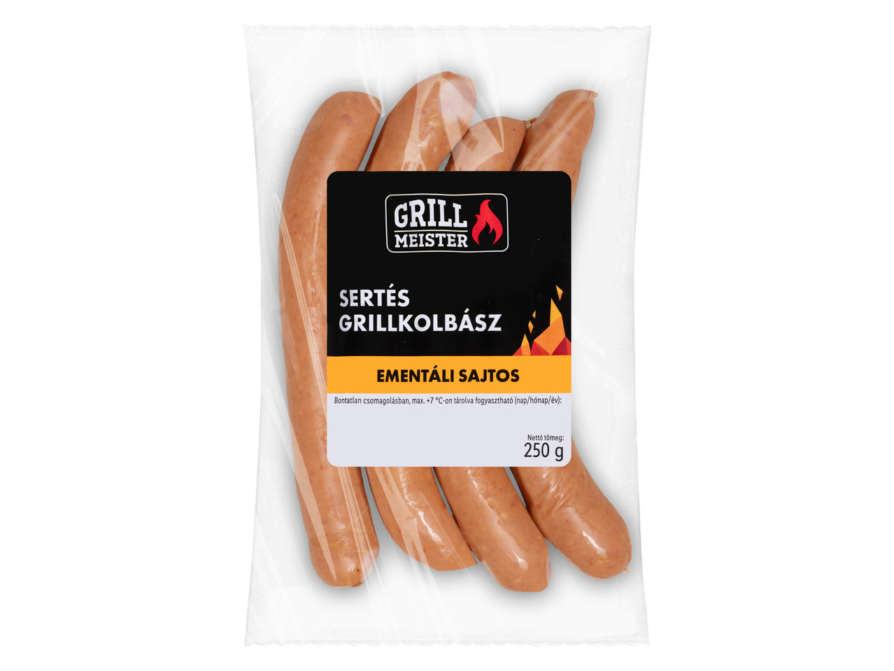 GRILLMEISTER Sertés Grillkolbász Ementáli sajttal, 250g.